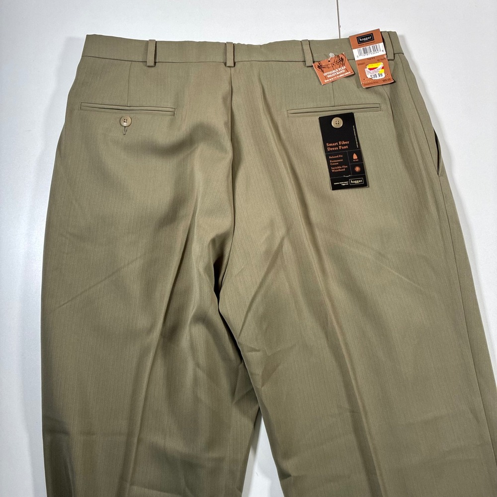 NEW Haggar Dress Pants 36x31 Taupe Pleated Relaxed Fit Smart Fiber Tonal Stria - Picture 8 of 9